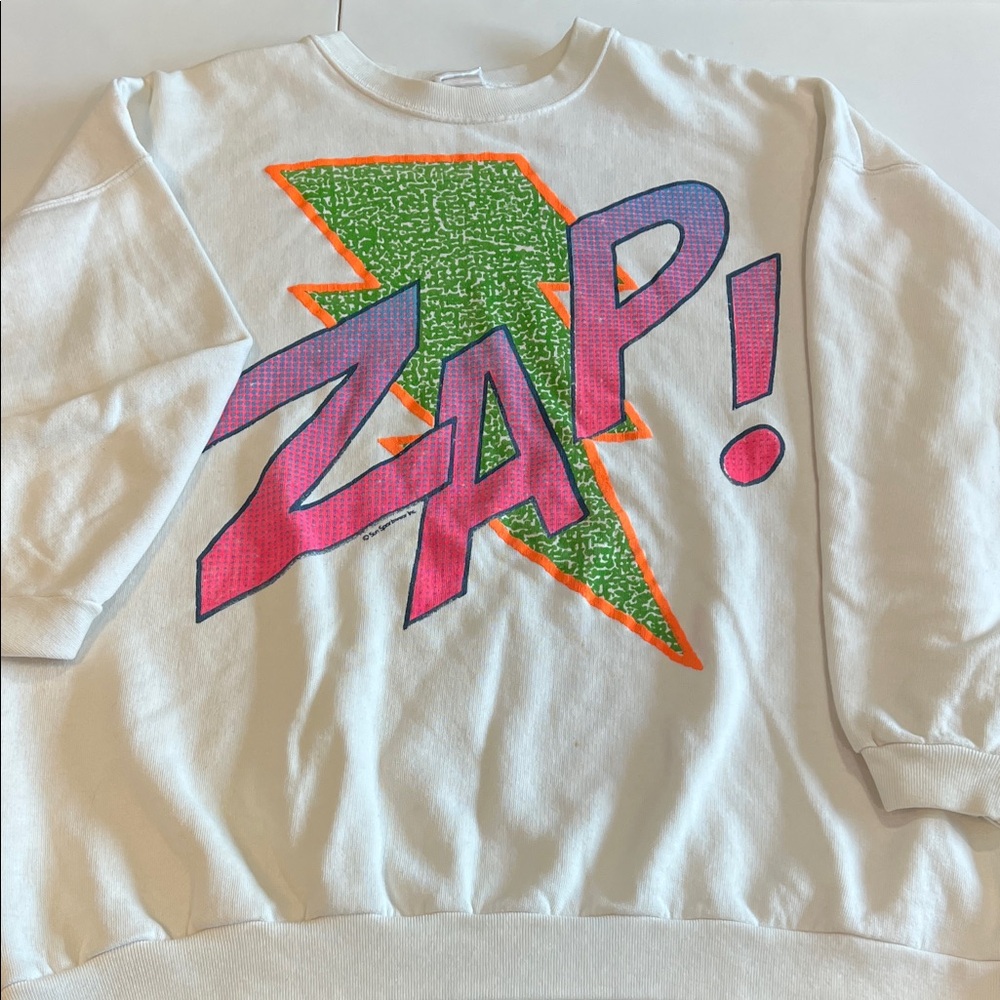 Sun Sportswear - White‎ Sweatshirt with Colorful 'ZAP!' Graphic, vintage